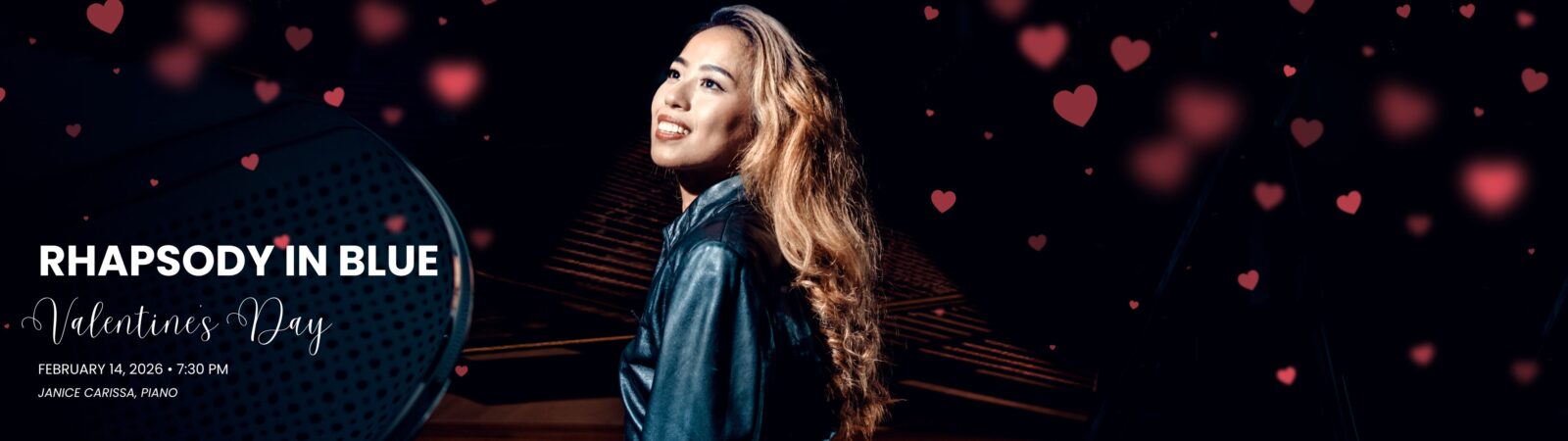 Photo of Janice Carissa at the piano with Rhapsody in Blue concert date February 14, 2026